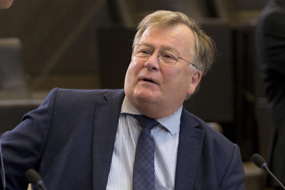 FILE - Danish Defense Minister Claus Hjort Frederiksen during a round table meeting at NATO headquarters in Brussels, on June 8, 2018. Two cases against a former defense minister and the former head of the country’s foreign intelligence service who had been charged with leaking secrets have been abandoned because “highly classified information” cannot be presented in court. Denmark’s prosecution authority said Wednesday, Nov. 1, 2023, that it was “in the interests of the state’s security." (AP Photo/Virginia Mayo)