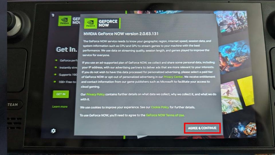 Install NVIDIA GeForce Now on Steam Deck:  Select agree and continue.