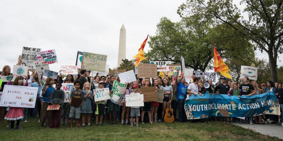 Student environmental advocates participate in a strike to demand action be taken on climate change outside the White House on September 13, 2019 in Washington, DC.