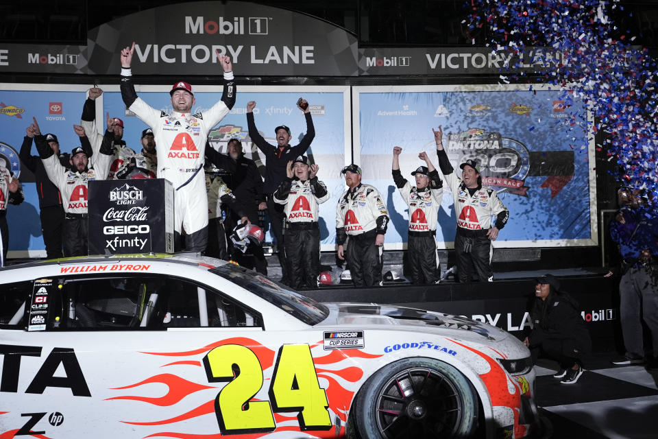 William Byron celebrates in Victory Lane and winning the NASCAR Daytona 500 auto race at Daytona International Speedway, Monday, Feb. 19, 2024, in Daytona Beach, Fla. (AP Photo/John Raoux)