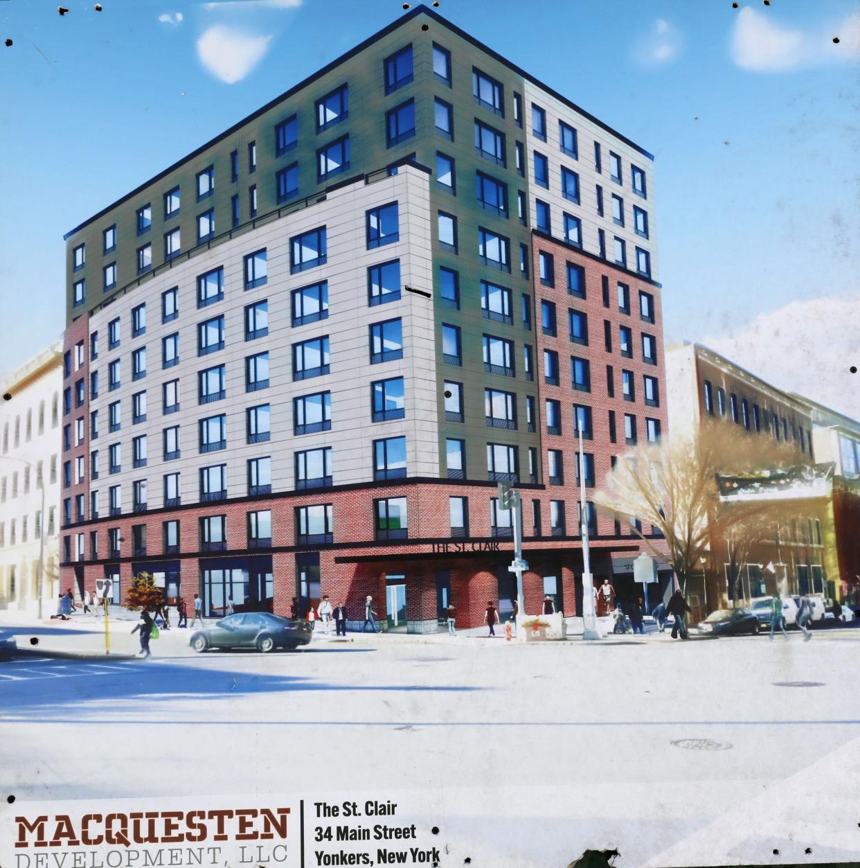 A rendering of The St. Clair, a new residential building under construction at Main Street and Riverdale Avenue in Yonkers, photographed May 7, 2024.