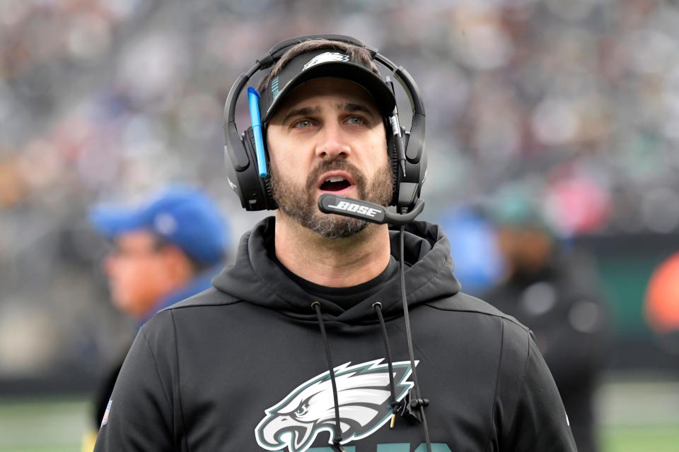 Philadelphia Eagles head coach Nick Sirianni looks up at the scoreboard during the second half of an NFL football game against the New York Jets, Sunday, Dec. 5, 2021, in East Rutherford, N.J.