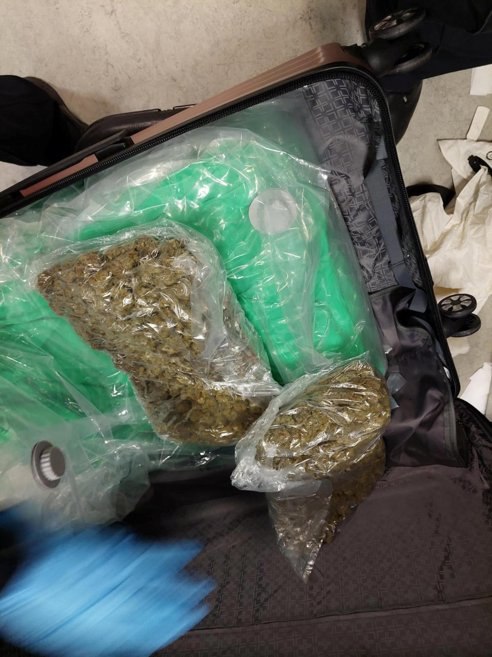 Two more US nationals have been arrested after allegedly trying to smuggle cannabis with a street value of more than £5.5 million in suitcases from Los Angeles into the UK. Earlier this week nine suspects were stopped at the border and accused of trying to sneak millions of pounds worth of marijuana into Britain. See SWNS story SWMRsmuggle. They were stopped at the border with between 30 and 40 kilos each, vacuum packed in their luggage on over 10-hour flights from LAX to Heathrow Airport, police said. Two more US nationals were arrested at Heathrow yesterday (Tues), with what is thought to be around 60 kilos of hash.
