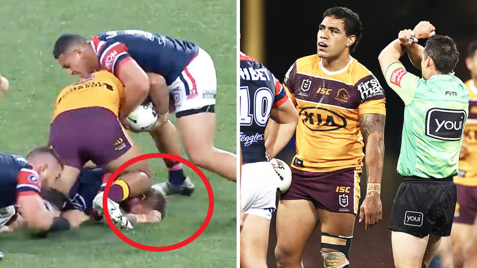 Joe Ofahengaue (pictured left) dropping the knee into Jake Friends head and being sent to the bin (pictured right). (Images: Fox Sports/Getty Images)