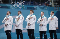 <p>Gold medalists, the United States look on during the national anthem in the victory ceremony following the Curling Men’s Gold Medal game on day fifteen of the PyeongChang 2018 Winter Olympic Games. (Getty images) </p>