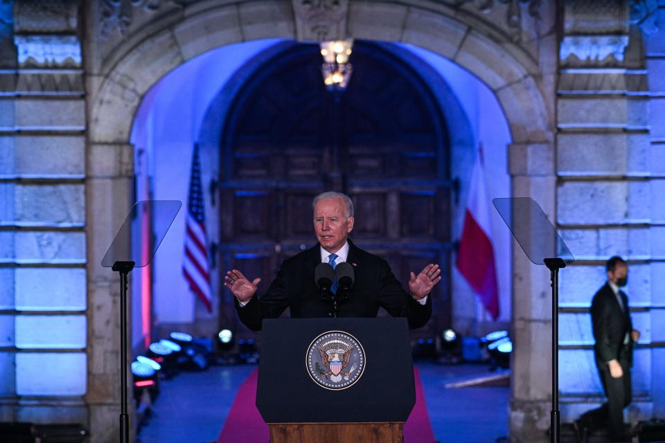 US President, Joe Biden delivers a speech at the Royal Castle Saturday in Warsaw, Poland. Biden arrived  yesterday, meeting with the Polish president as well as U.S. troops stationed near the Ukrainian border.  (Photo by Omar Marques/Getty Images)