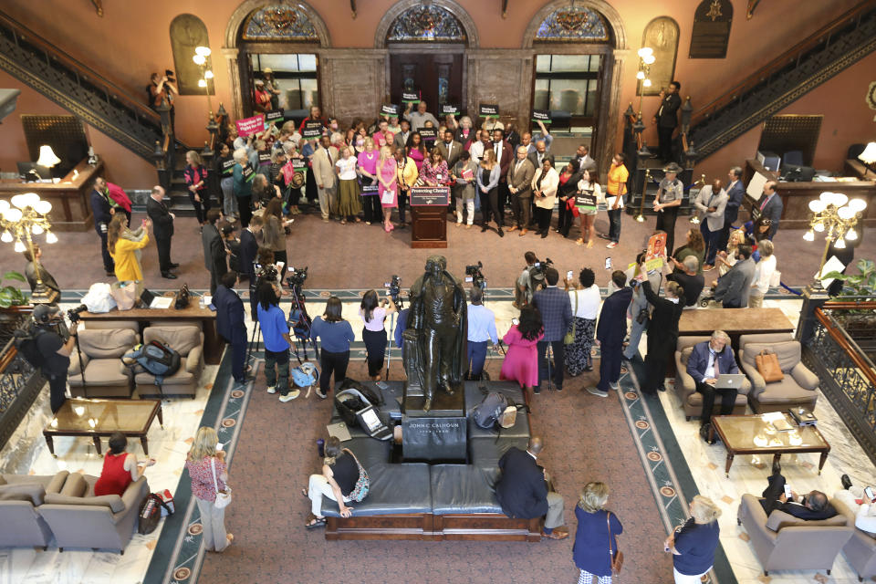 South Carolina House Democrats speak at a rally to people against an abortion bill being debated in the House on Tuesday, May 16, 2023, in Columbia, South Carolina. (AP Photo/Jeffrey Collins)