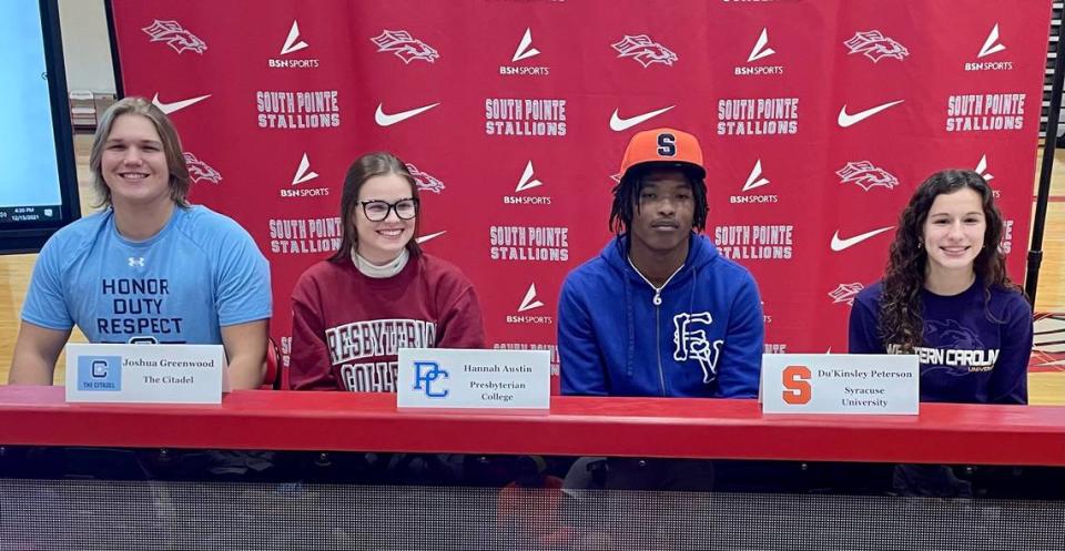 From left to right: Josh Greenwood (The Citadel, football); Hannah Austin (Presbyterian College, soccer); Quan Peterson (Syracuse, football); Ava Robitaille (Western Carolina, soccer).