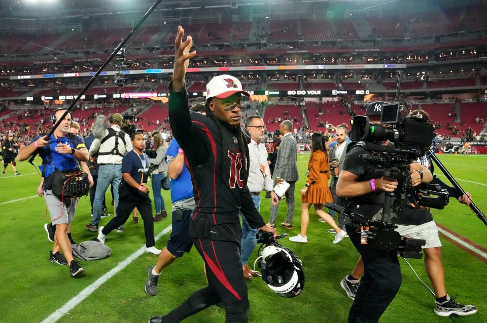 Oct 20, 2022; Glendale, Arizona, USA; Arizona Cardinals wide receiver DeAndre Hopkins (10) reacts after their 42-34 win over the New Orleans Saints at State Farm Stadium. Mandatory Credit: Rob Schumacher-Arizona Republic