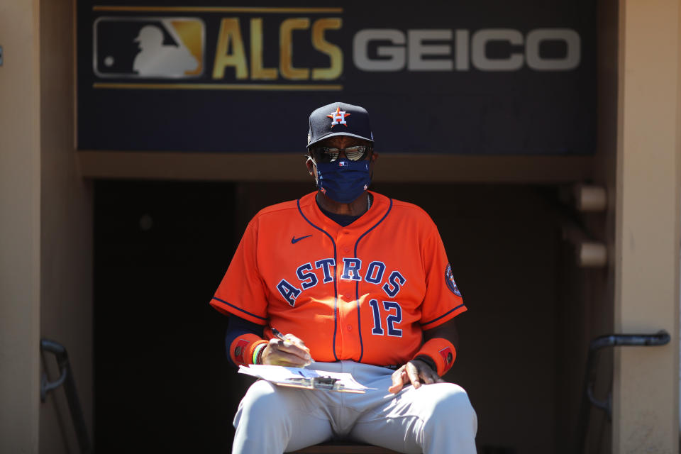 SAN DIEGO, CA - OCTOBER 12: Manager Dusty Baker #12 of the Houston Astros is seen in the dugout prior to Game 2 of the ALCS between the Tampa Bay Rays and the Houston Astros at Petco Park on Monday, October 12, 2020 in San Diego, California. (Photo by Alex Trautwig/MLB Photos via Getty Images)