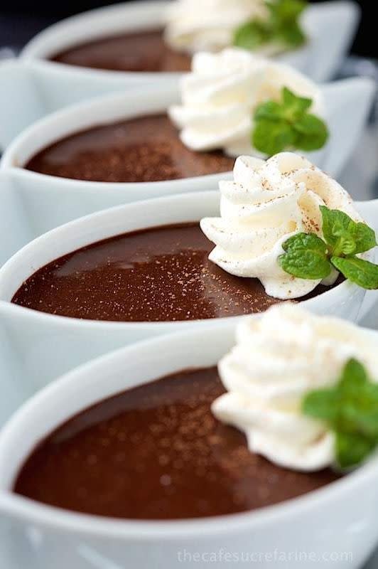 <p>If you run out of green food dye, you can always go for these simple but decadent chocolate pots. They look like something you would get at a restaurant!</p><p>Get the <strong><a href="https://thecafesucrefarine.com/five-minute-irish-chocolate-pots-de-creme/" rel="nofollow noopener" target="_blank" data-ylk="slk:Irish Chocolate Pots de Crème recipe;elm:context_link;itc:0;sec:content-canvas" class="link ">Irish Chocolate Pots de Crème recipe</a> </strong>from The Café Sucre Farine.  </p>