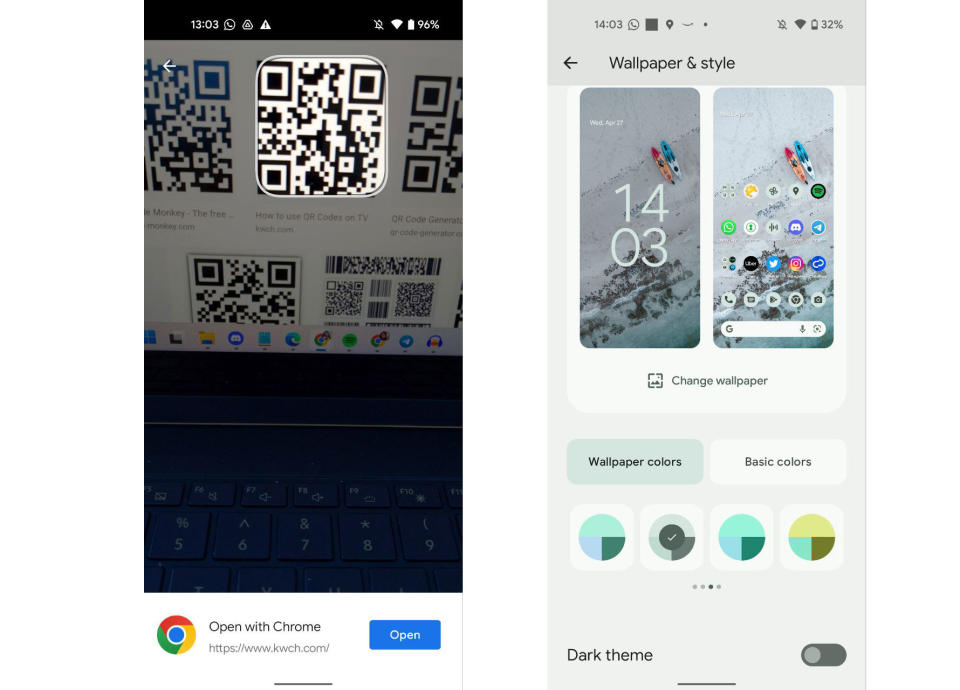 Two screenshots showing the new QR code scanner in the Android 13 beta and some new color themes in the Settings.