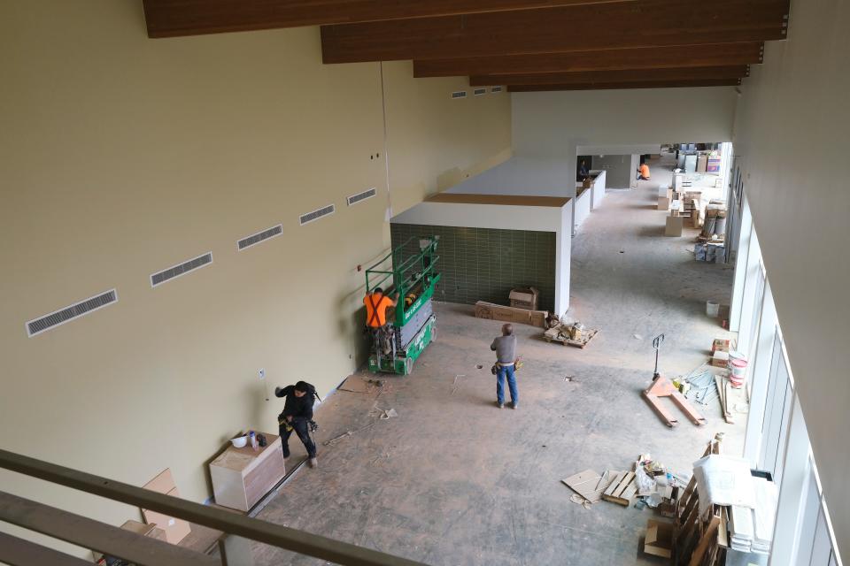 View of main entry from the second floor walking track. Tour of construction progress of the MAPS 3 Eastside Senior Wellness Center at NE 36th and Lincoln Boulevard. Wednesday, April 26, 2023.
