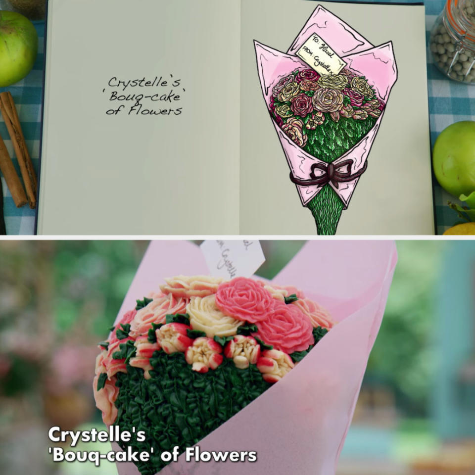 Crystelle's anti-gravity cake decorated to look like bouquet of flowers side by side with its drawing