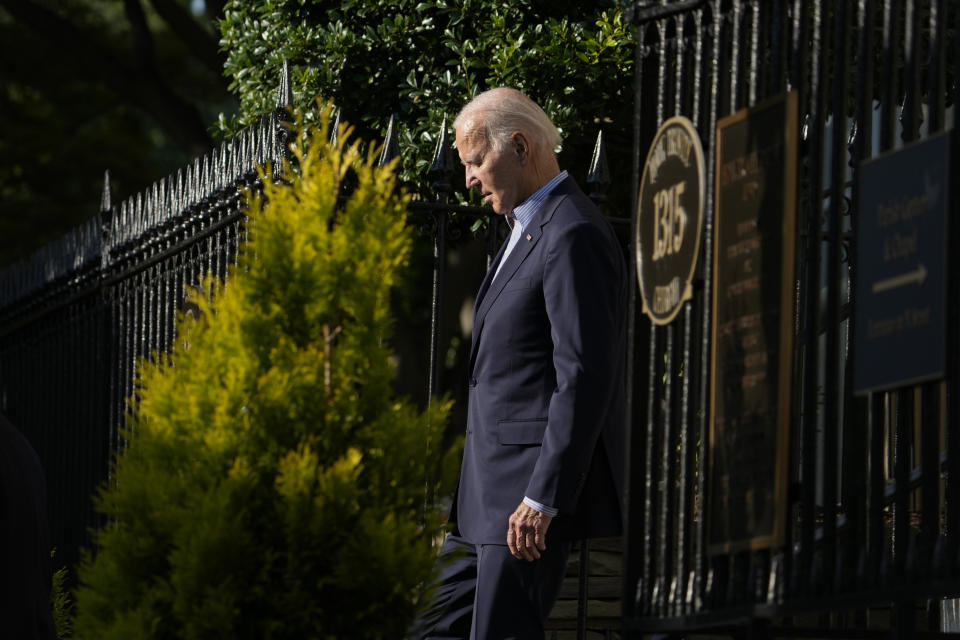 President Joe Biden walks to his motorcade as he leaves Holy Trinity Catholic Church in the Georgetown section of Washington, after attending Mass, Saturday, July 22, 2023. (AP Photo/Manuel Balce Ceneta)