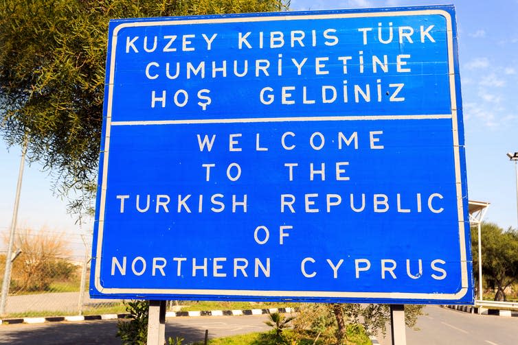 <span class="caption">Northern Cyprus border.</span> <span class="attribution"><a class="link " href="https://www.shutterstock.com/it/image-photo/welcome-turkish-republic-northern-cyprus-border-782115616?src=VDrBa8EbClqZ-Vg7lLejDA-1-81" rel="nofollow noopener" target="_blank" data-ylk="slk:Shutterstock;elm:context_link;itc:0;sec:content-canvas">Shutterstock</a></span>