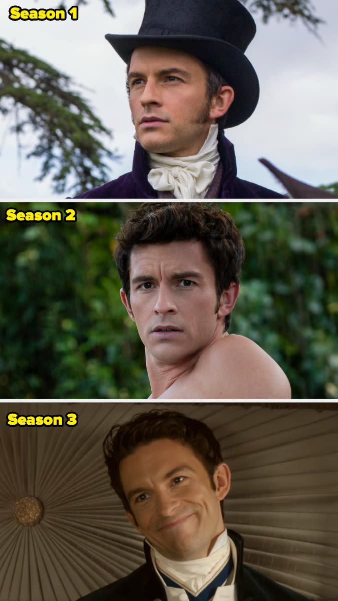 Jonathan Bailey as Anthony Bridgerton in three different scenes from Bridgerton Seasons 1, 2, and 3