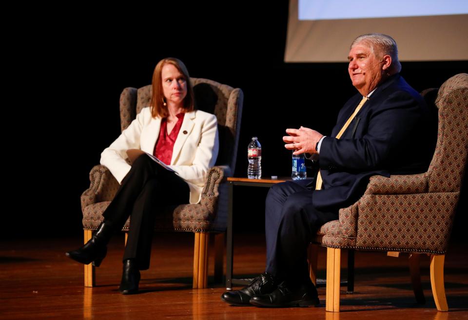 Roger Thompson, a finalist for the Missouri State University president job, answers questions at a forum in the Plaster Student Union auditorium on Thursday, Feb. 29, 2024.