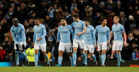 Soccer Football - Carabao Cup Semi Final First Leg - Manchester City vs Bristol City - Etihad Stadium, Manchester, Britain - January 9, 2018 Manchester City's Sergio Aguero celebrates scoring their second goal with team mates Action Images via Reuters/Carl Recine