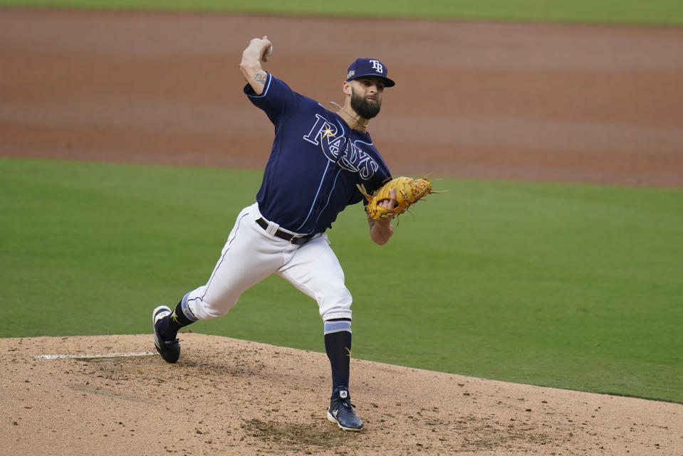 Tampa Bay Rays relief pitcher Nick Anderson throws during the third inning in Game 5 of a baseball American League Division Series against the New York Yankees, Friday, Oct. 9, 2020, in San Diego. (AP Photo/Gregory Bull)