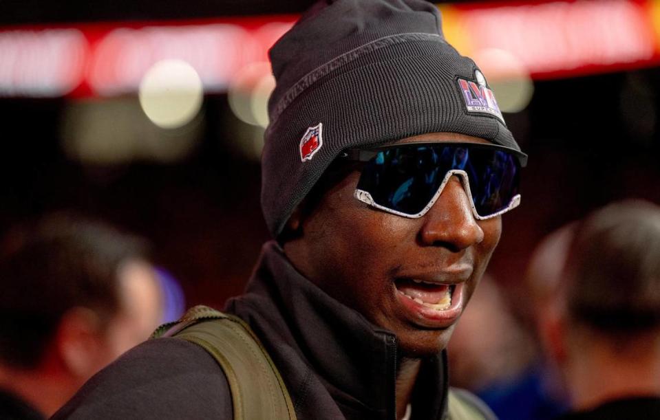 Kansas City Chiefs cornerback Joshua Williams (2) speaks to a reporter during Super Bowl LVIII’s Opening Night event at Allegiant Stadium on Monday, Feb. 5, 2024, in Las Vegas.