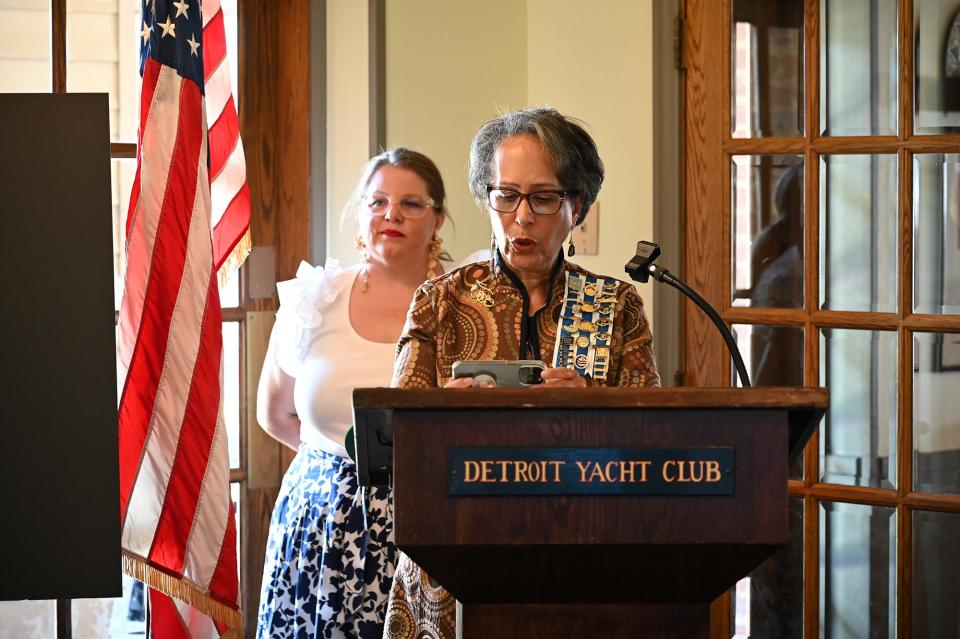 Karen Batchelor speaks at the Detroit Yacht Club on Aug. 19 during the organizing meeting for a new National Society Daughters of the American Revolution (DAR) chapter in Detroit, as the chapter's regent, Elizabeth Findeis, looks on. Batchelor is not a newcomer when it comes to making history within the organization. On Dec. 28, 1977, Batchelor appeared on the front page of the New York Times for becoming DAR's first known Black member.