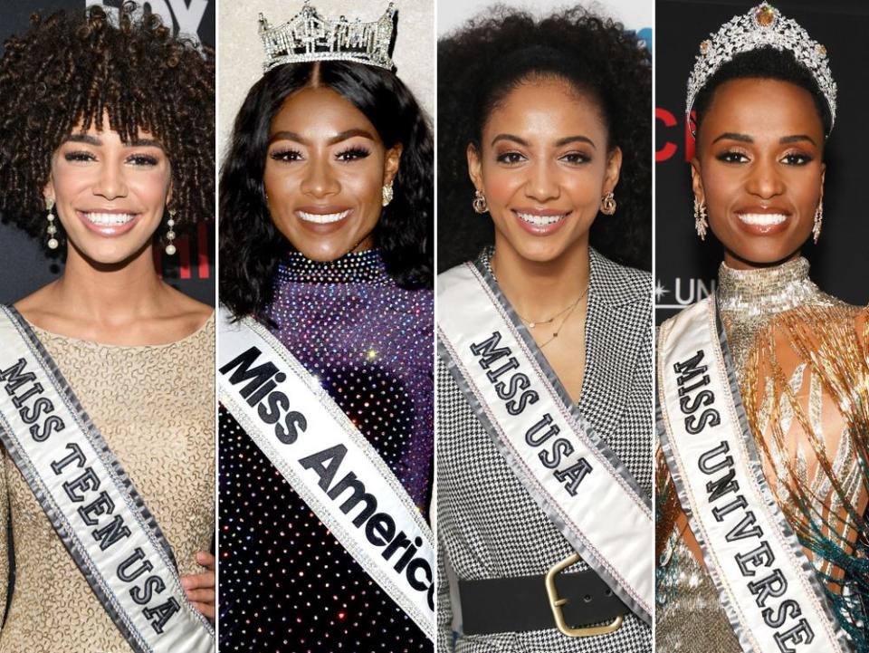 Miss Teen USA Kaliegh Garris; Miss America Nia Franklin; Miss USA Cheslie Kryst; and Miss Universe Zozibini Tunzi | Derek White/Shutterstock; Kristin Callahan/ACE Pictures/Shutterstock; Taylor Hill/Getty; Paras Griffin/Getty