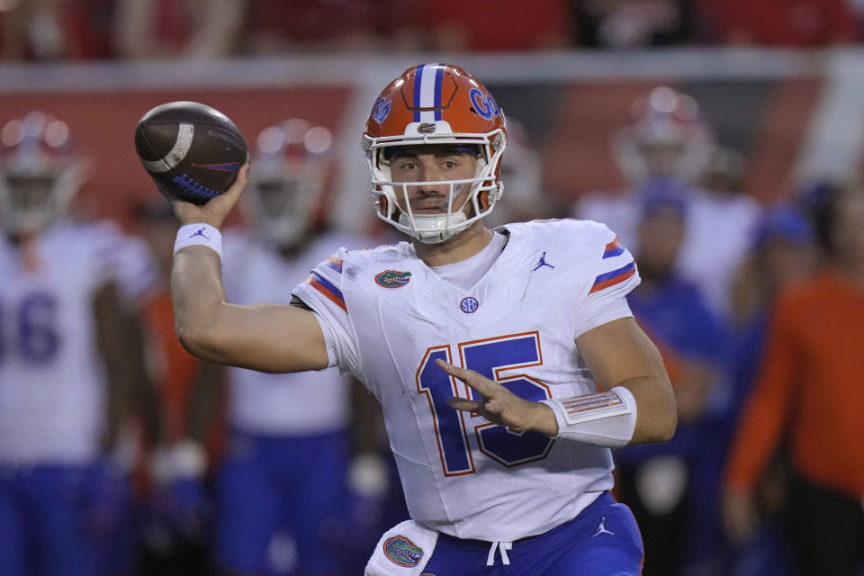 Florida quarterback Graham Mertz (15) throws a pass against Utah during the second half of an NCAA college football game Thursday, Aug. 31, 2023, in Salt Lake City. (AP Photo/Rick Bowmer)