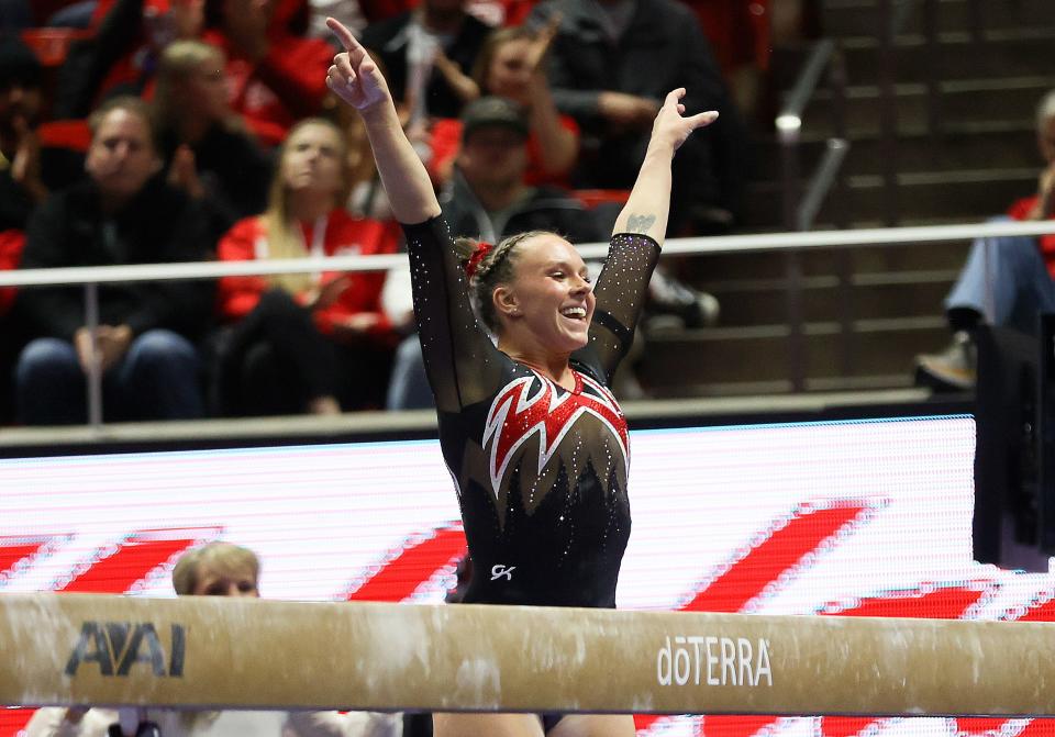 Utah’s Maile O’Keefe looks at her teammates after finishing a perfect 10 beam routine during a meet against Boise State at the Huntsman Center in Salt Lake City on Friday, Jan. 5, 2024. She is the Utah record holder for 10s on the beam. | Kristin Murphy, Deseret News