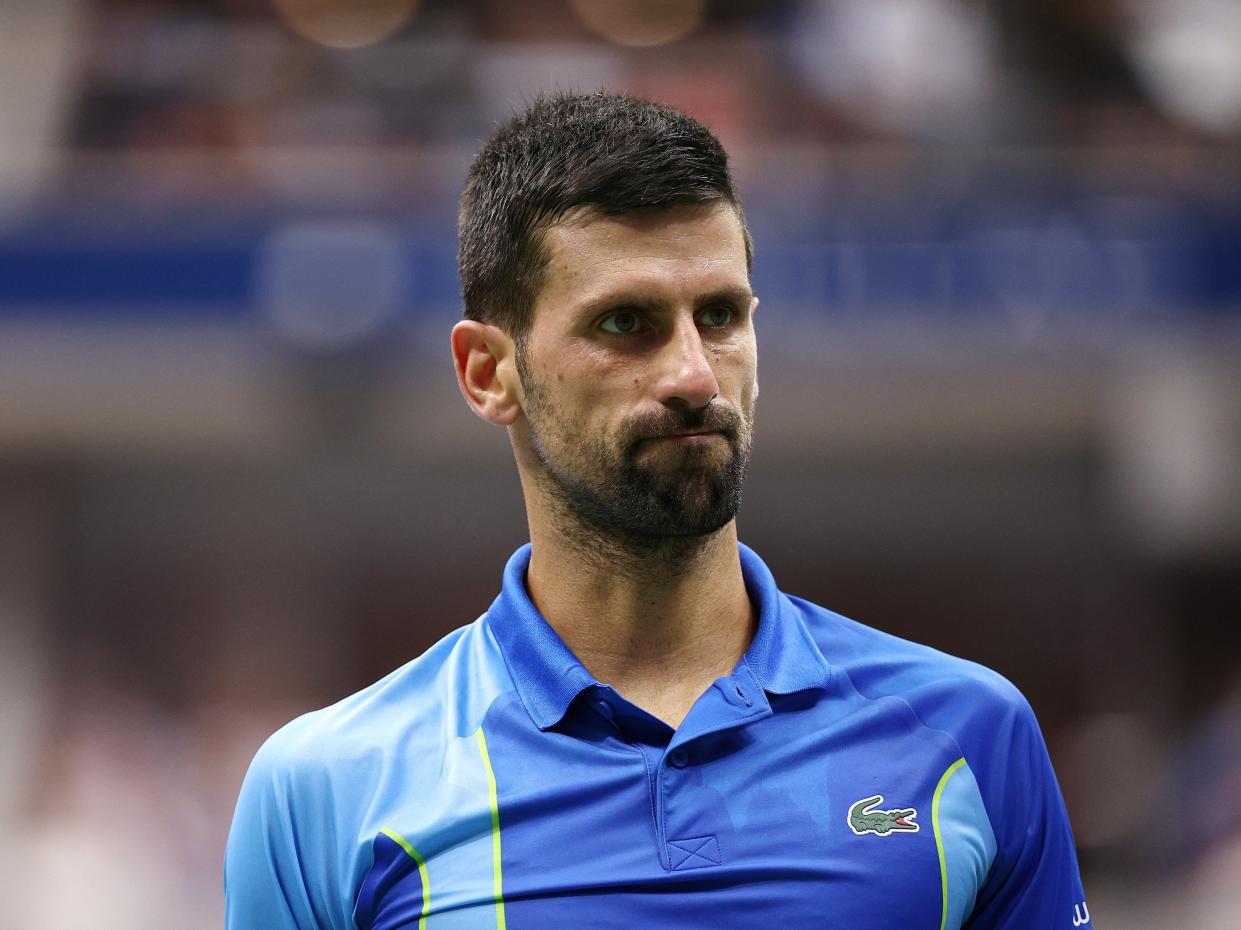 Novak Djokovic of Serbia reacts after a point against Daniil Medvedev (Getty Images)