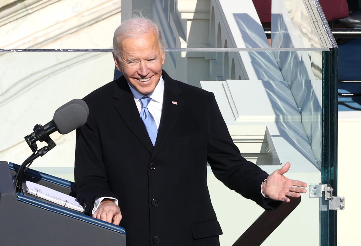WASHINGTON, DC - JANUARY 20:  U.S. President Joe Biden reacts as he delivers his inaugural address on the West Front of the U.S. Capitol on January 20, 2021 in Washington, DC.  During today's inauguration ceremony Joe Biden becomes the 46th president of the United States. (Photo by Alex Wong/Getty Images)