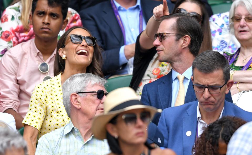 Pippa Middleton and James Matthews on Centre Court during day eleven of the Wimbledon Tennis Championships at All England Lawn Tennis and Croquet Club on July 12, 2019 in London, England