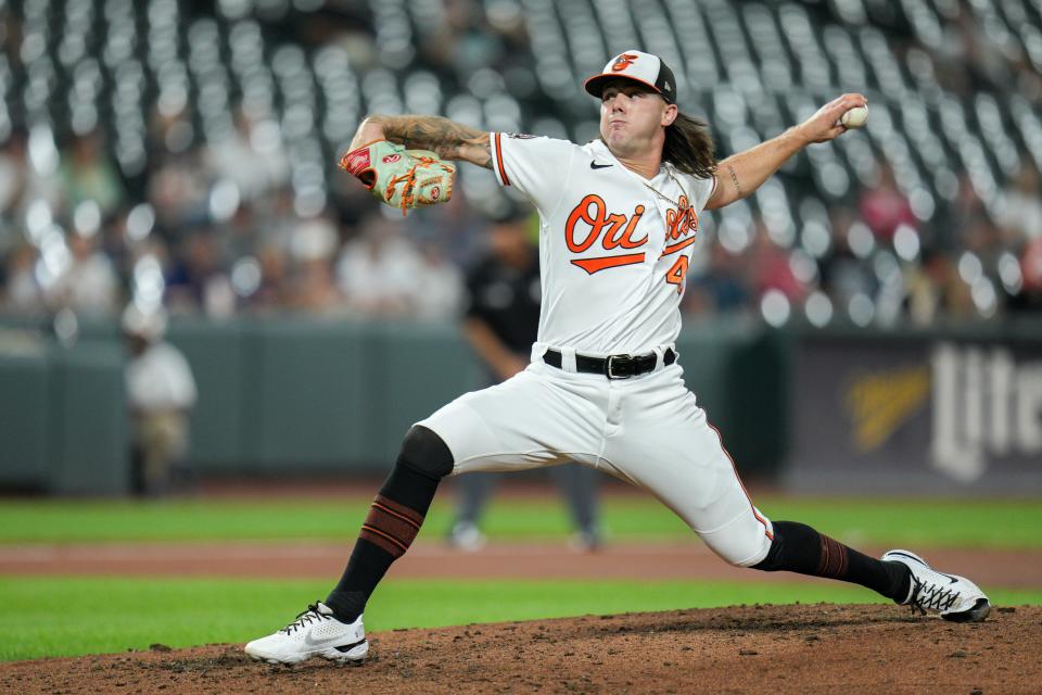 Baltimore Orioles relief pitcher DL Hall throws to the Detroit Tigers during the fourth inning of a baseball game, Monday, Sept. 19, 2022, in Baltimore. (AP Photo/Jess Rapfogel)