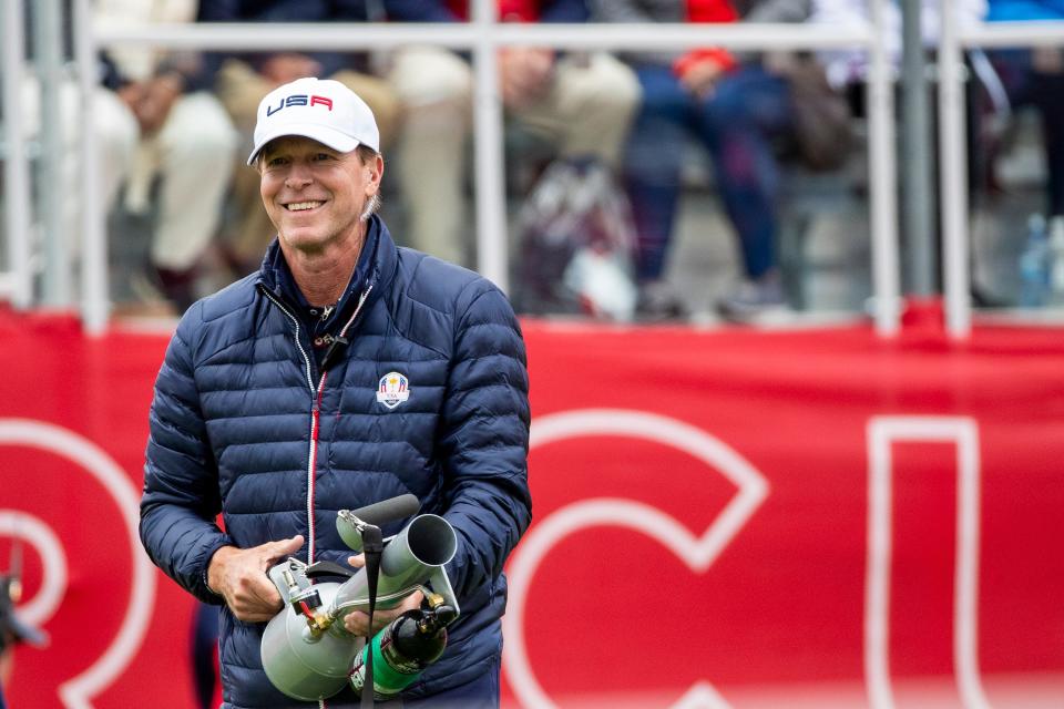 Team USA's Captain Steve Stricker holds a T-shirt cannon during practice at the 43rd Ryder Cup at Whistling Straits on Sept. 23 in Haven, Wisconsin. He led the U.S. squad to a victory over the Europeans.