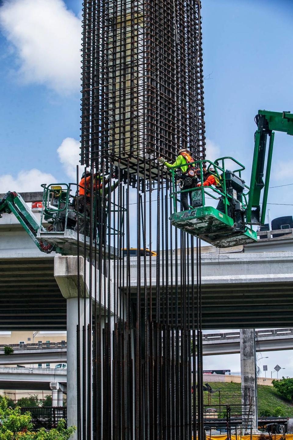 Workers seen inserting reinforcing steel cage for a new pier at the core of the SR 836/I-395/I-95 Interchange, as part of the I-395/SR 836/I-95 Design-Build Project, on Wednesday August 03, 2022.

