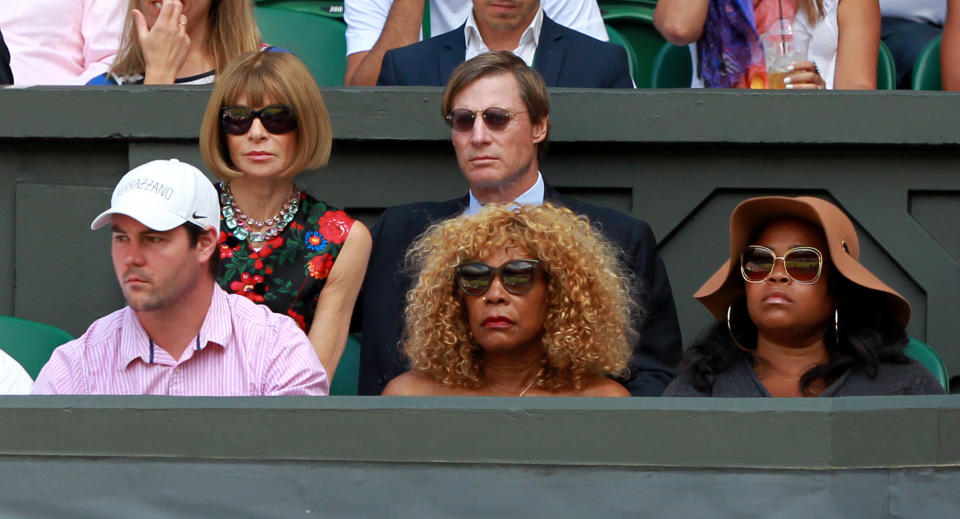 Anna Wintour and Shelby Bryan with the family of Serena Williams, mum Oracene Price in the players box for the Ladies' Singles Final during day Twelve of the Wimbledon Championships at the All England Lawn Tennis and Croquet Club, Wimbledon.