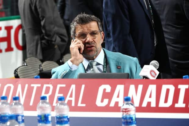 Montreal Canadiens general manager Marc Bergevin, seen here in a file photo, announced on Friday the team had selected Logan Mailloux with their first-round pick.  (Bruce Bennett/Getty Images - image credit)