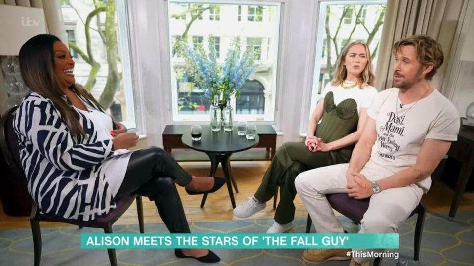 Hammond (L) with Emily Blunt and Ryan Gosling on Monday’s This Morning (ITV)