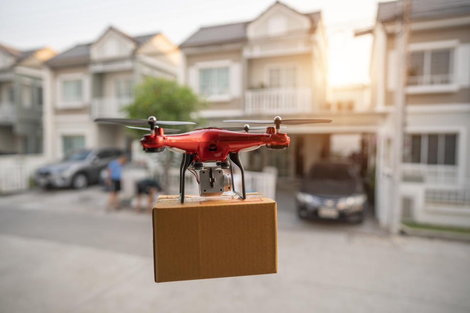 Editorial On 23 February 2020, Bangkok, Thailand Delivery drone flying in New york city