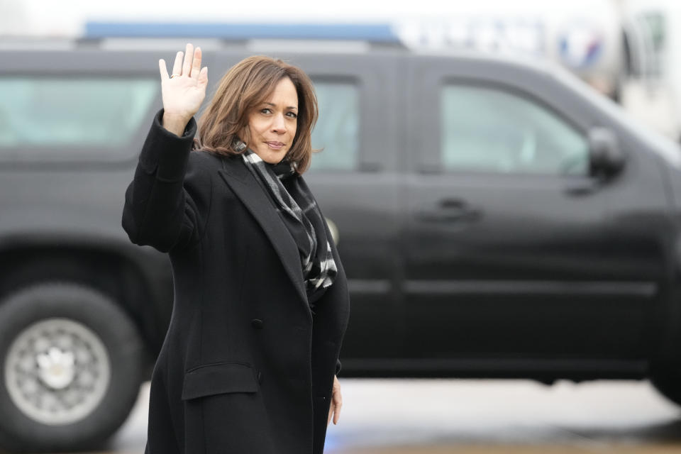 Vice President Kamala Harris departs from the Memphis International Airport after attending a funeral service for Tyre Nichols on Wednesday, Feb. 1, 2023, in Memphis, Tenn. Nichols was beaten by Memphis police officers, and later died from his injuries. (AP Photo/Gerald Herbert)