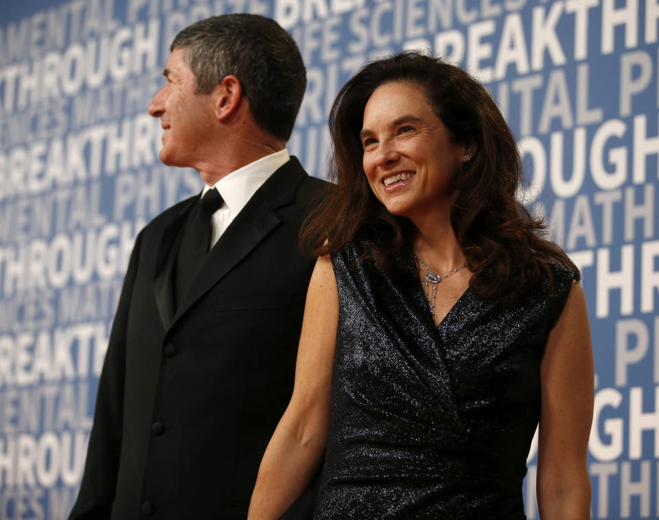 Caryn Marooney, right, vice president of technology communications at Facebook, poses for a picture on the red carpet for the 6th annual 2018 Breakthrough Prizes at Moffett Federal Airfield, Hangar One in Mountain View, Calif., on Sunday, Dec. 3, 2017. (Nhat V. Meyer/Bay Area News Group)(Digital First Media Group/Bay Area News via Getty Images)