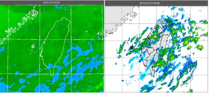 今(23日)晨4：30紅外線色調強化雲圖顯示，南方中層雲系移入，迎風面仍有低層雲(左圖)。4：40雷達回波合成圖顯示，雲層皆伴隨弱降水回波(右圖)。   圖/取自「三立準氣象.老大洩天機」專欄