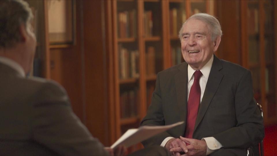This photo provided by CBS News shows Dan Rather with CBS correspondent Lee Cowan during an interview on “CBS Sunday Morning." Rather returned to the CBS News airwaves Sunday, April 28, 2024, for the first time since his bitter exit 18 years ago, appearing in a reflective interview on “CBS Sunday Morning” days before the debut of a Netflix documentary on the 92-year-old newsman's life. (CBS News via AP)