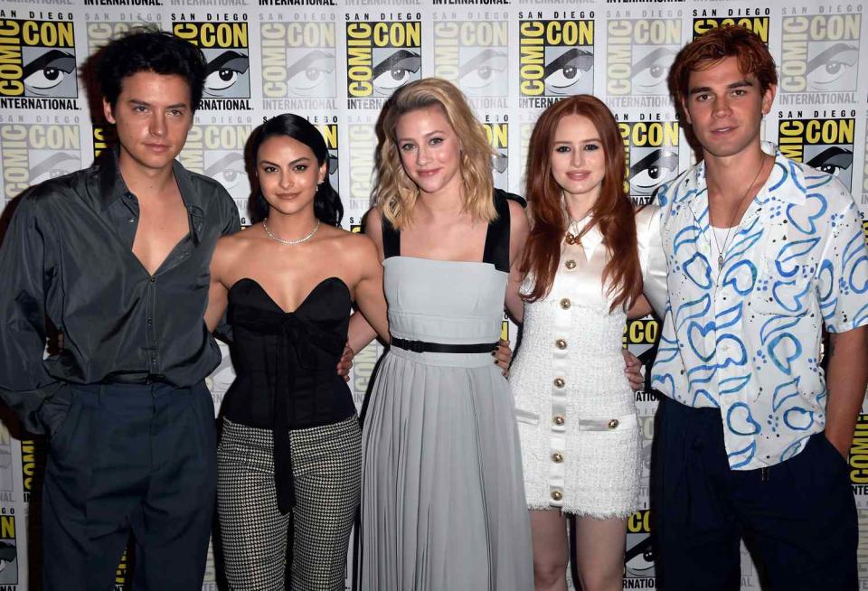 Cole Sprouse, Camila Mendes, Lili Reinhart, Madelaine Petsch, and K.J. Apa attend the "Riverdale" Photo Call during 2019 Comic-Con International at Hilton Bayfront on July 21, 2019 in San Diego, California