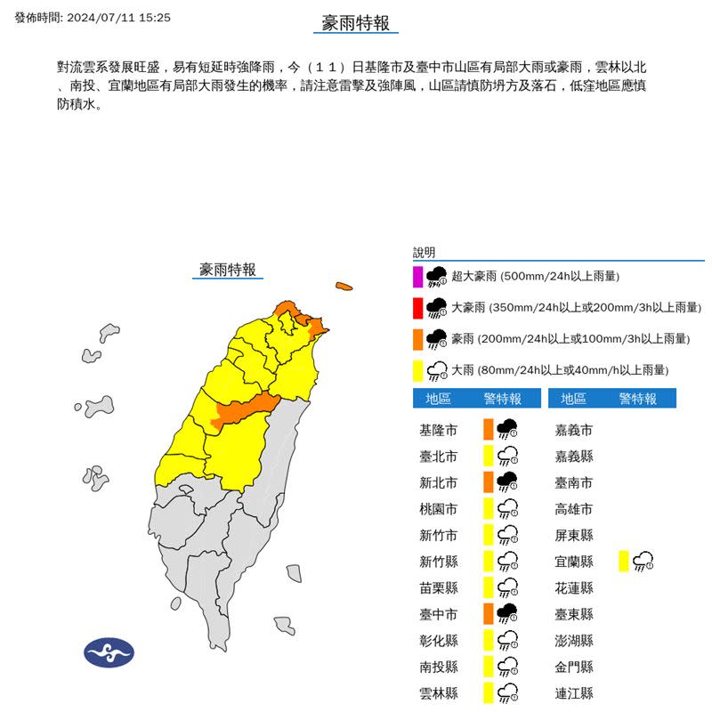 12縣市豪、大雨特報。（圖／翻攝自氣象署）