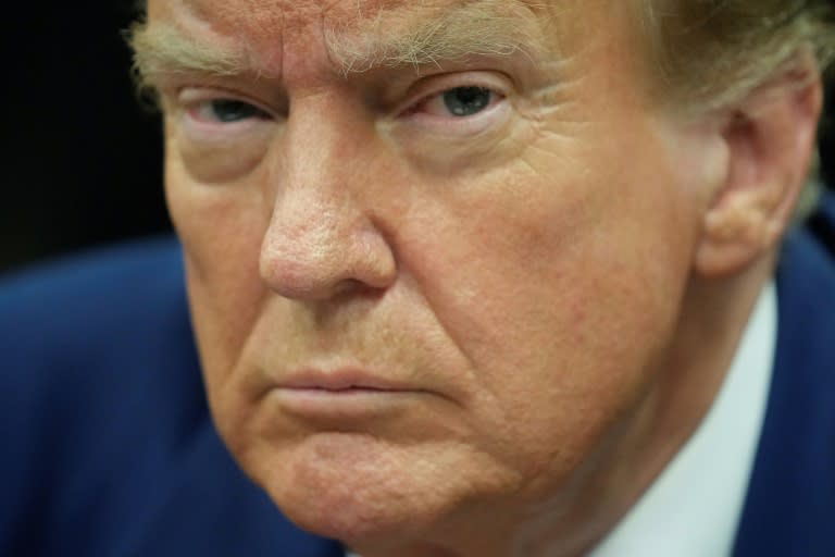 Former US President Donald Trump looks on in the courtroom, during his trial for allegedly covering up hush money payments linked to extramarital affairs, in New York City, on April 29, 2024. Trump, 77, is accused of falsifying business records to reimburse his lawyer, Michael Cohen, for a $130,000 hush money payment made to porn star Stormy Daniels just days ahead of the 2016 election against Hillary Clinton. (Seth Wenig)