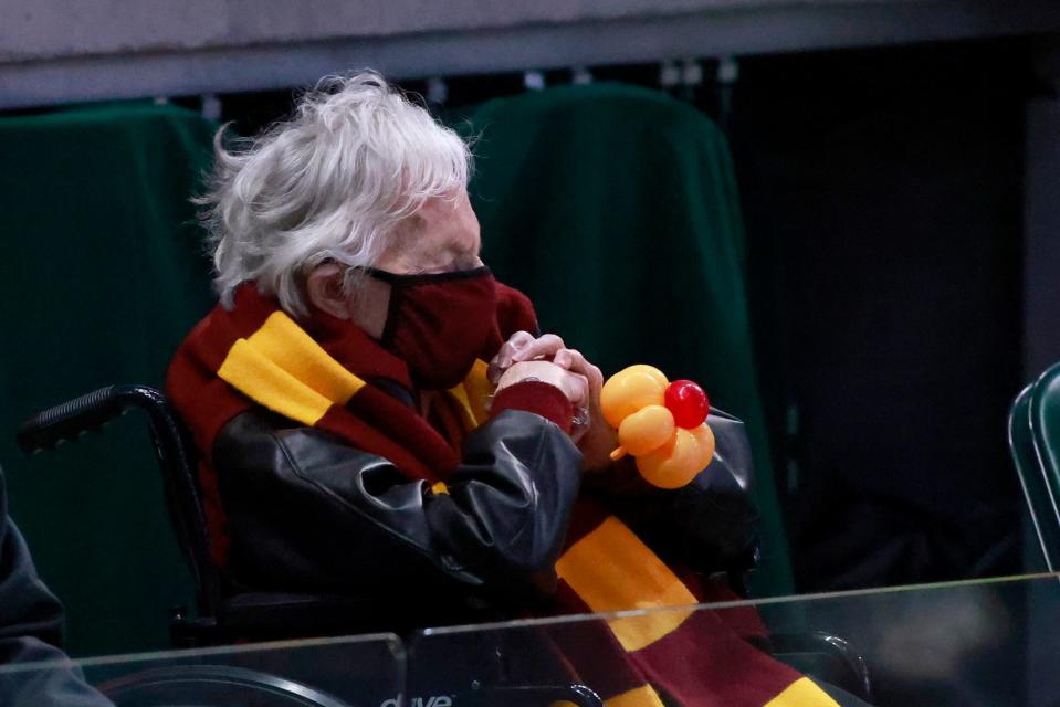 Sister Jean watching Loyola's upset against Illinois in the second round.