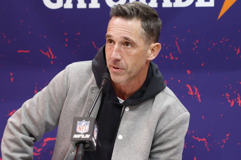 San Francisco 49ers head coach Kyle Shanahan speaks to the media at Super Bowl LVIII Opening Night on Monday at Allegiant Stadium in Las Vegas. Photo by John Angelillo/UPI