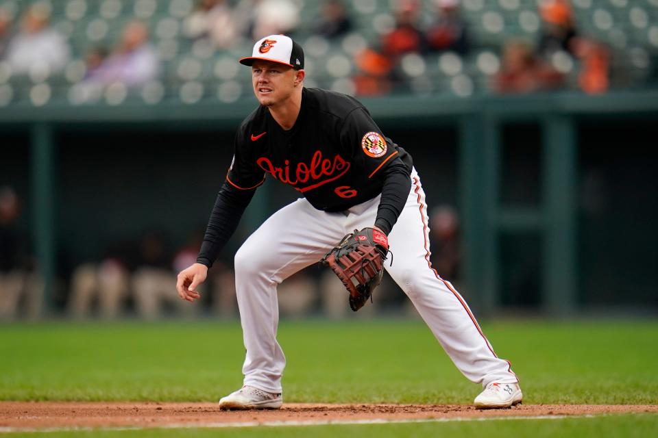 Baltimore Orioles first baseman Ryan Mountcastle waits for a pitch to the Toronto Blue Jays during the fifth inning of a baseball game, Wednesday, Oct. 5, 2022, in Baltimore. (AP Photo/Julio Cortez)