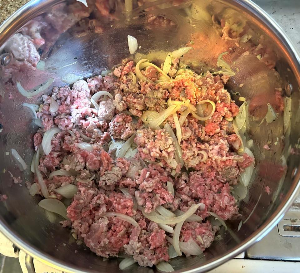 Cooking meat for Pioneer Woman's Lasagna Soup
